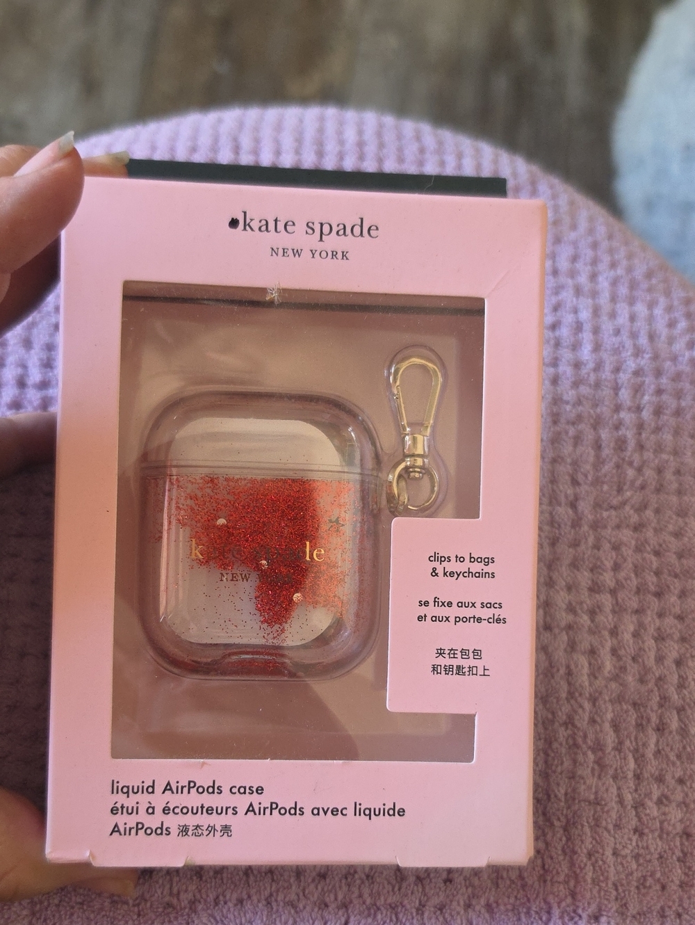 kate spade Clear AirPods Case with Red Glitter and Gold Clip